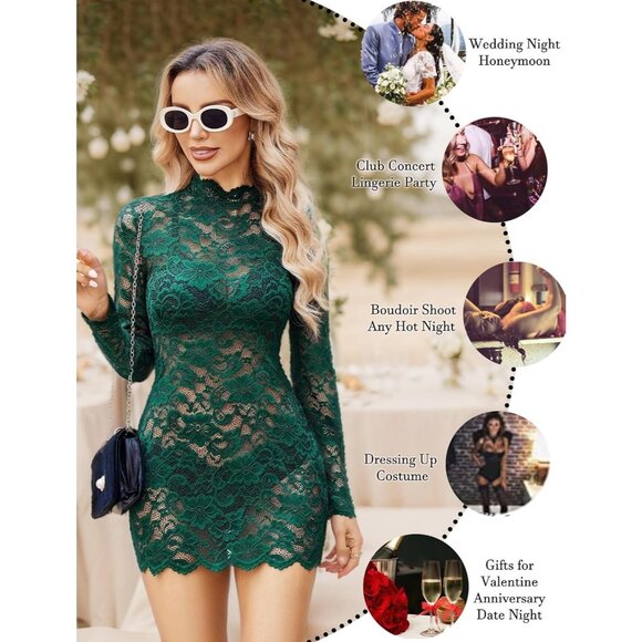 Womens Green Sheer Lace Long Sleeve Mini Dresses for Party outfit - Picture 5 of 5